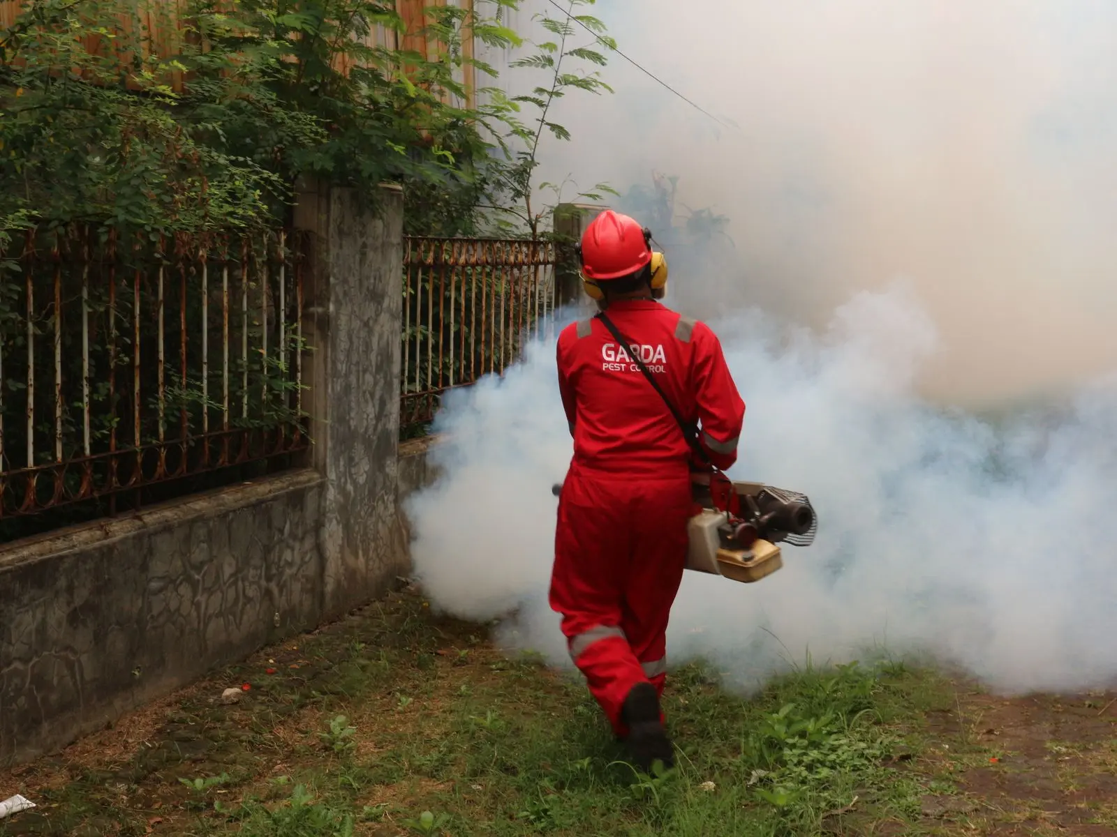 Pest control technician carrying out outdoor fogging treatment